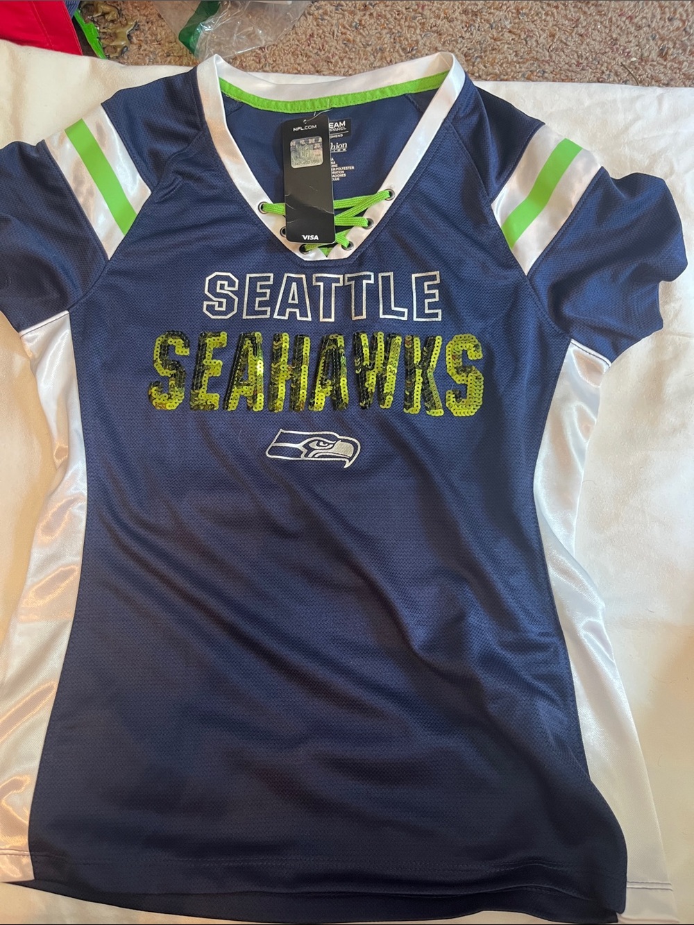 NFL Seattle Seahawks Navy and Neon Green Women’s Jersey Top